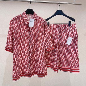 replica Dior Oblique Short-Sleeved Shirt Red Silk