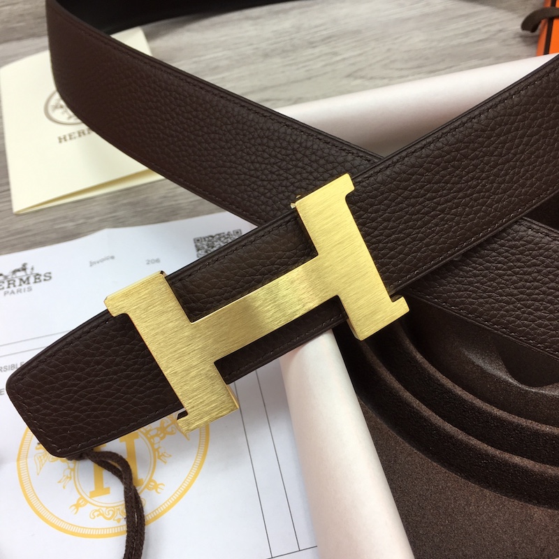 Hermes Men's Reversible Togo Leather 38MM Belt Chocolate / Gold