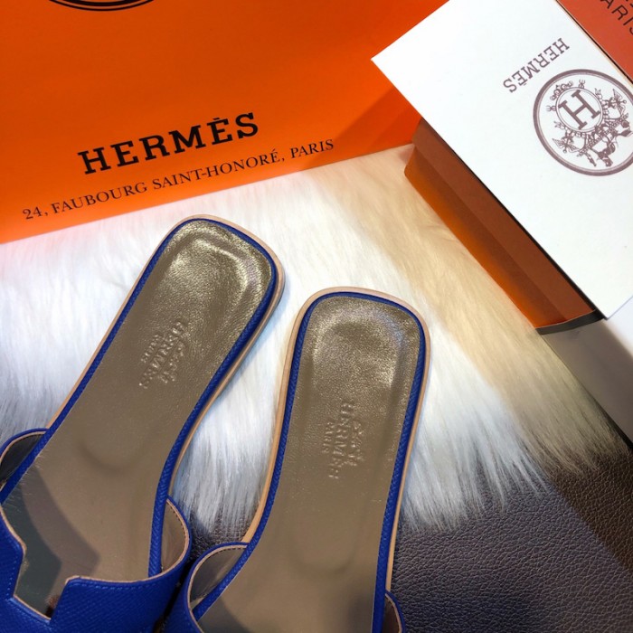 Hermes Women Oran Sandals in Epsom Leather Electric Blue