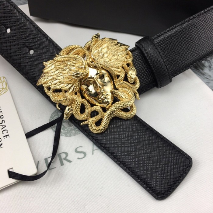 Versace Medusa Snake Wings Palm Leather Belt Black/Gold