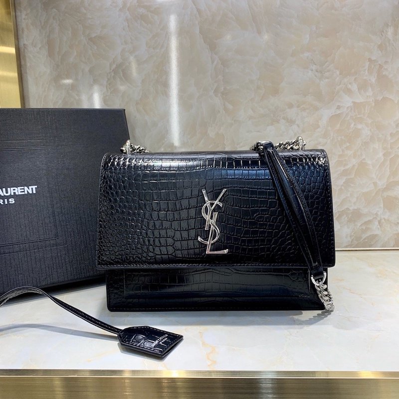 YSL Sunset Chain Croc Bag Black with Silver
